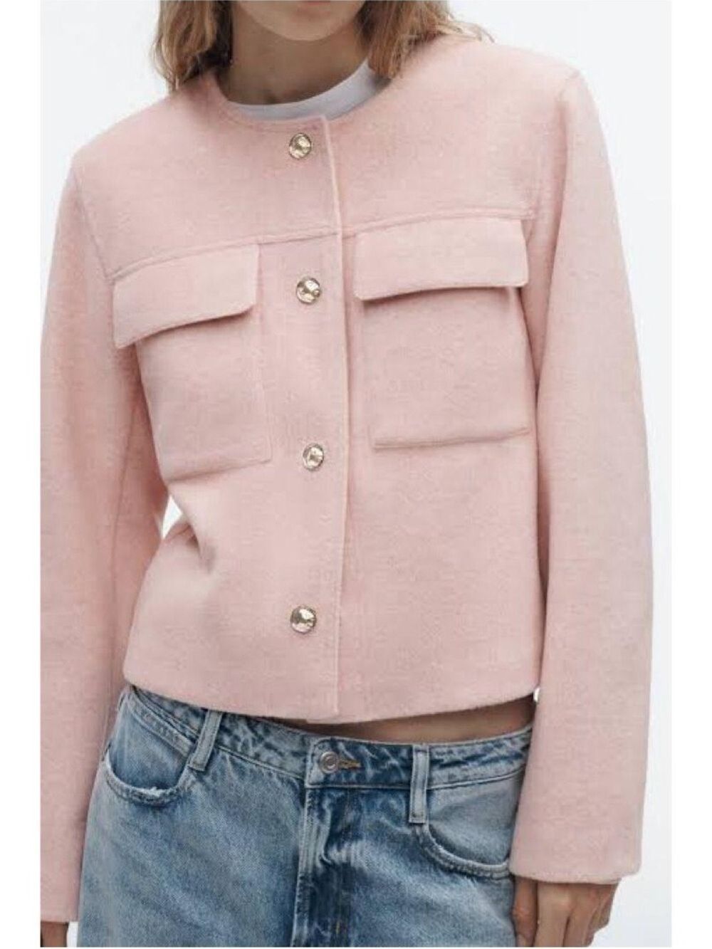 Zara Pale Pink Cropped Boxy Blazer Jacket with Gold Buttons